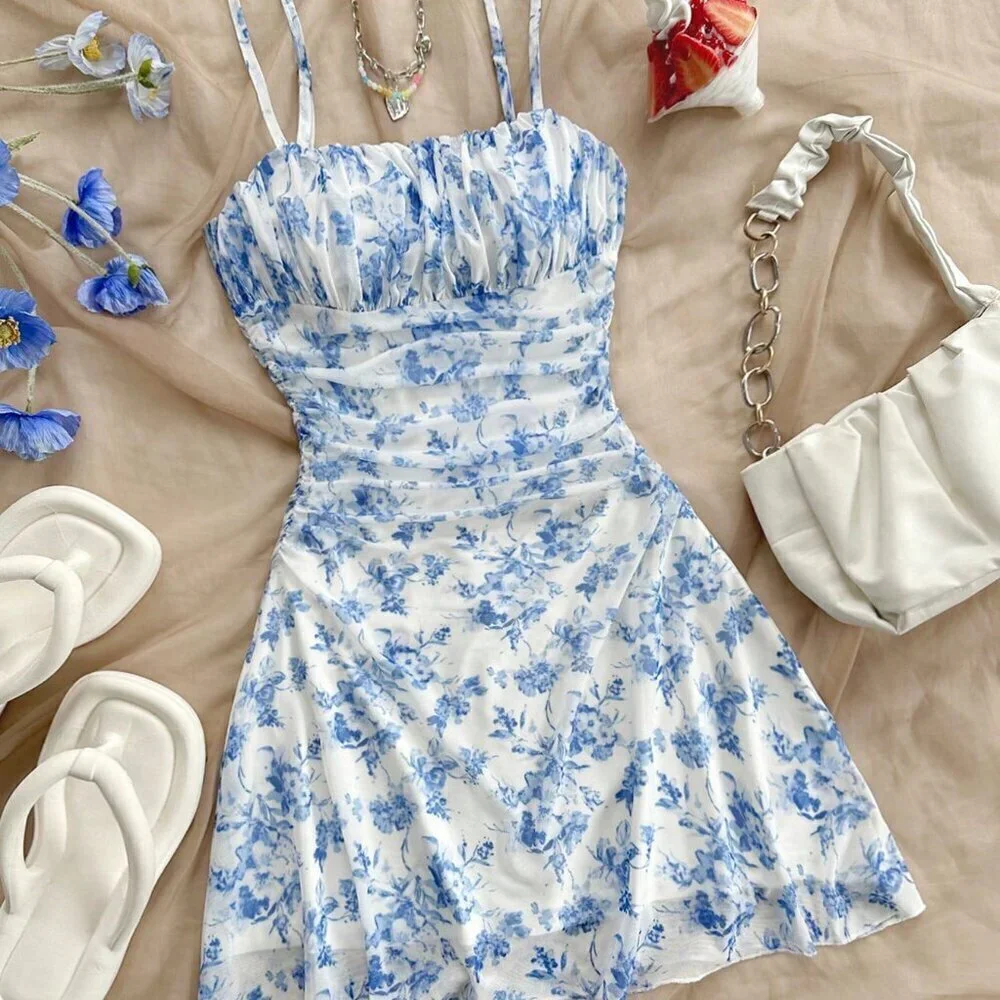 Blue And White Boho Women's Floral Mesh Halterneck Vacation Dress